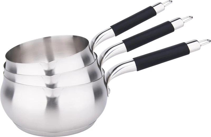Kamberg - Set of 3 saucepans 16/18/20 cm - High Quality Stainless Steel - Apple Shape - Pouring spout - Suitable for All Heat Sources Including Induction - Black Silicone Handle