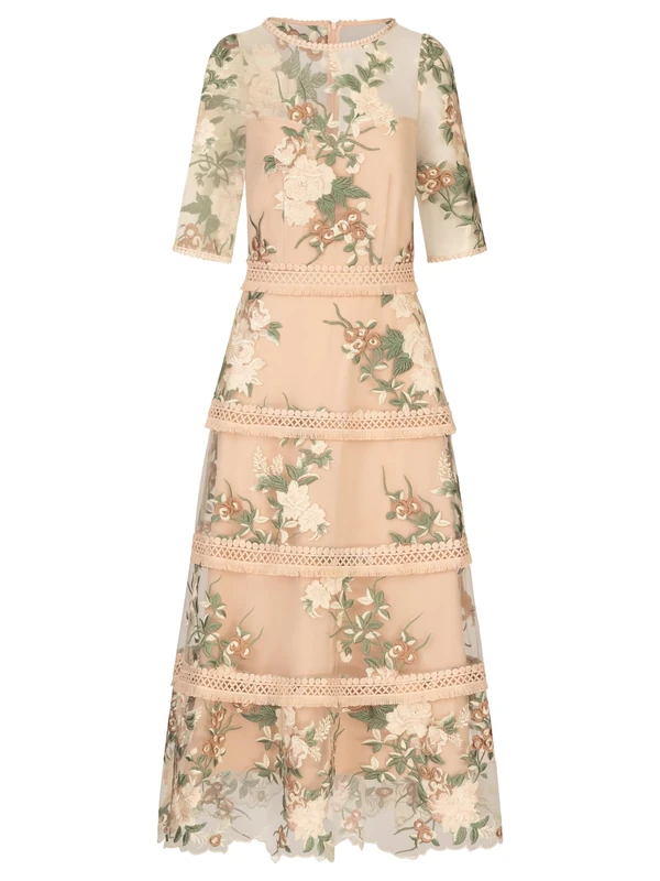 Apart Embroidered Midi Dress Allover Embroidered with Sculptural Floral Pattern, Nude-Multicoloured, 14