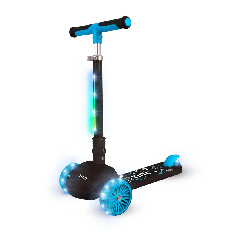 Zinc T-Motion Shine Kids Scooter for Ages 3+ – Three Wheeled Folding Boys & Girls Scooter with LED Light Up Deck & Wheels, Adjustable Handlebar, Lean & Steer Controls, Rear Brake, Black & Blue