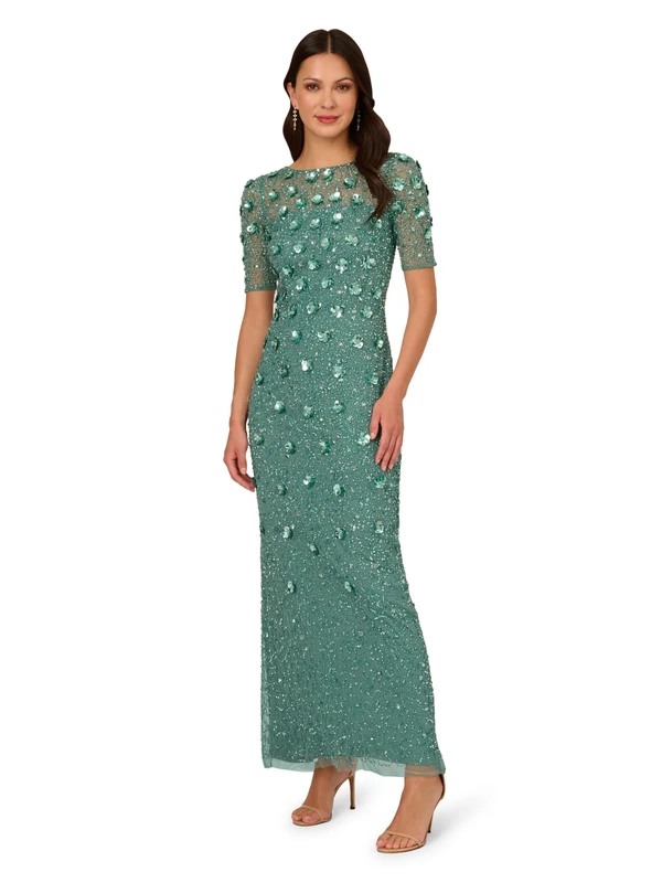 Adrianna Papell Women's Beaded Long 3D Floral Dress Special Occasion, Green Slate, 14
