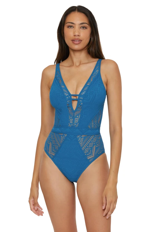BECCA Women's Color Play One Piece Swimsuit, Plunge Neck, Crochet, Bathing Suits, Blue, XS - Image 1