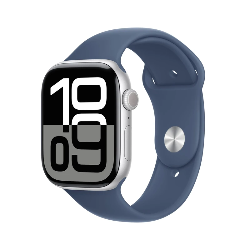 Apple Watch Series 10 (46mm GPS) Smartwatch with Silver Aluminium Case and Denim Sport Strap (M/L). Fitness Tracker, ECG App, Retina Display Always On