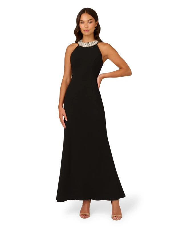 Adrianna Papell Women's Beaded Halter Gown Special Occasion Dress, Black, 20