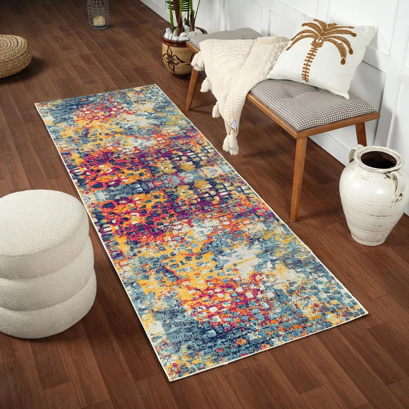 Livabliss Amaya Chlef Abstract Runner Design – Living Room 80x220 cm, Hallway Dining Use, Modern Marble Look, Soft Luxurious Medium Pile, Easy Care, Navy Mustard Fuchsia Beige
