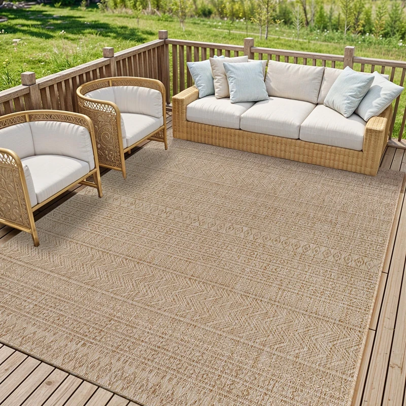 Livabliss Geometric Outdoor Rug - Indoor Outdoor Rug Large, Altea 200x275 cm - Patio Rugs, Decking, Outdoor Carpet - Boho Colourful Garden Rugs, Patterned, UV Weather, Stain Durable, Beige, Brown Rug