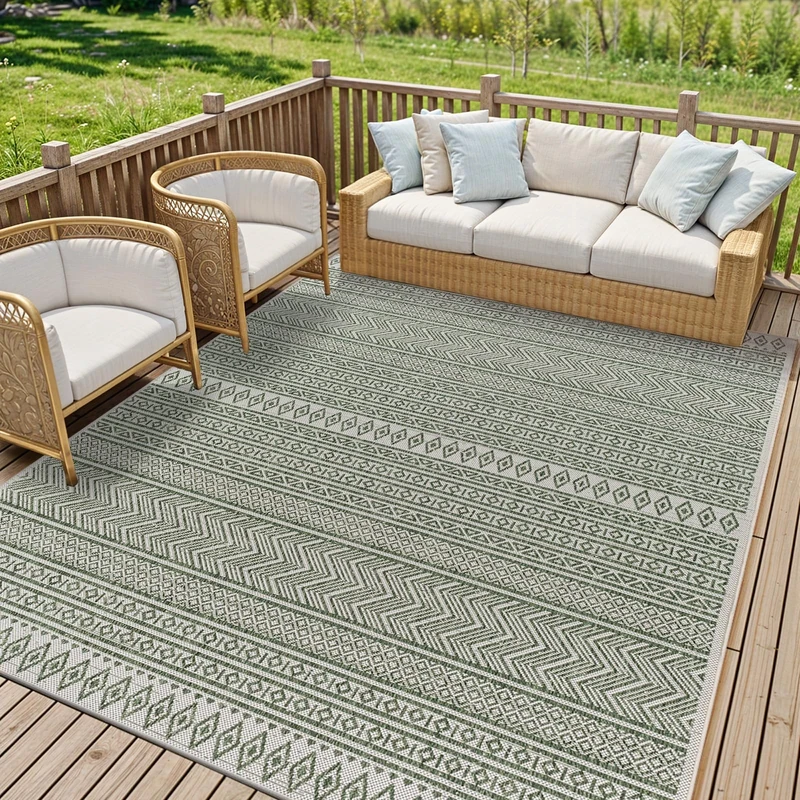 Livabliss Geometric Outdoor Rug - Indoor Outdoor Rug Large, Motril 200x275 cm - Patio Rugs, Decking, Outdoor Carpet - Boho Colourful Garden Rugs, Patterned, UV Weather, Stain Durable, Green, Ivory Rug