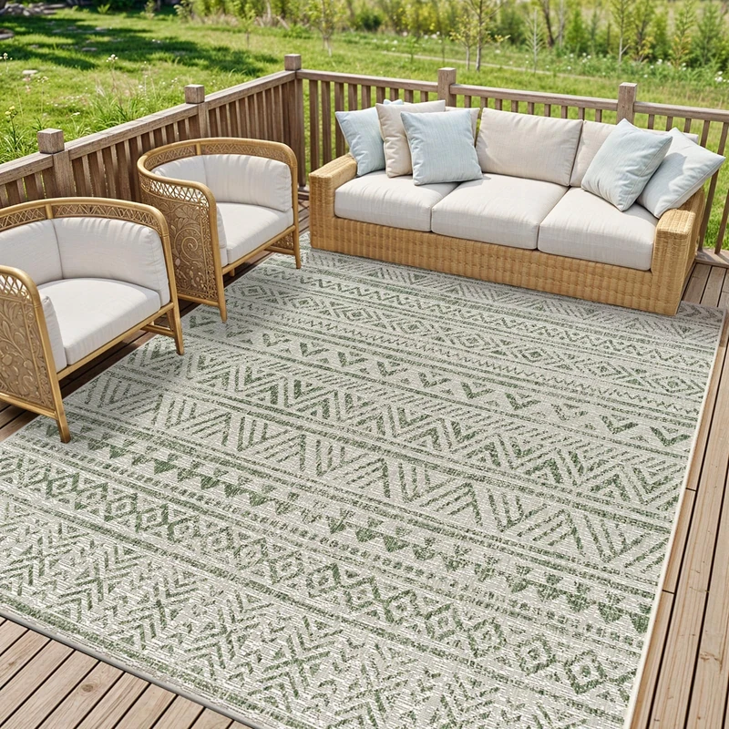Livabliss Alora Indoor Outdoor Rug - Large Boho Rugs for Living Room 200x275 cm Dining, Kitchen Carpet, Patterned Neutral and Coloured Rugs, Waterproof, Stain Durable - Dark Green, Ivory