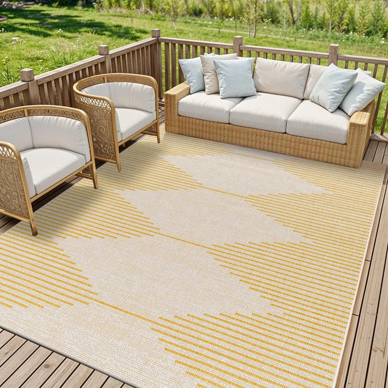 Livabliss Sevilla Indoor Outdoor Rug - Large Boho Rugs for Living Room 200x275 cm Dining, Kitchen Carpet, Patterned Neutral and Coloured Rugs, Waterproof, Stain Durable - Mustard, Ivory