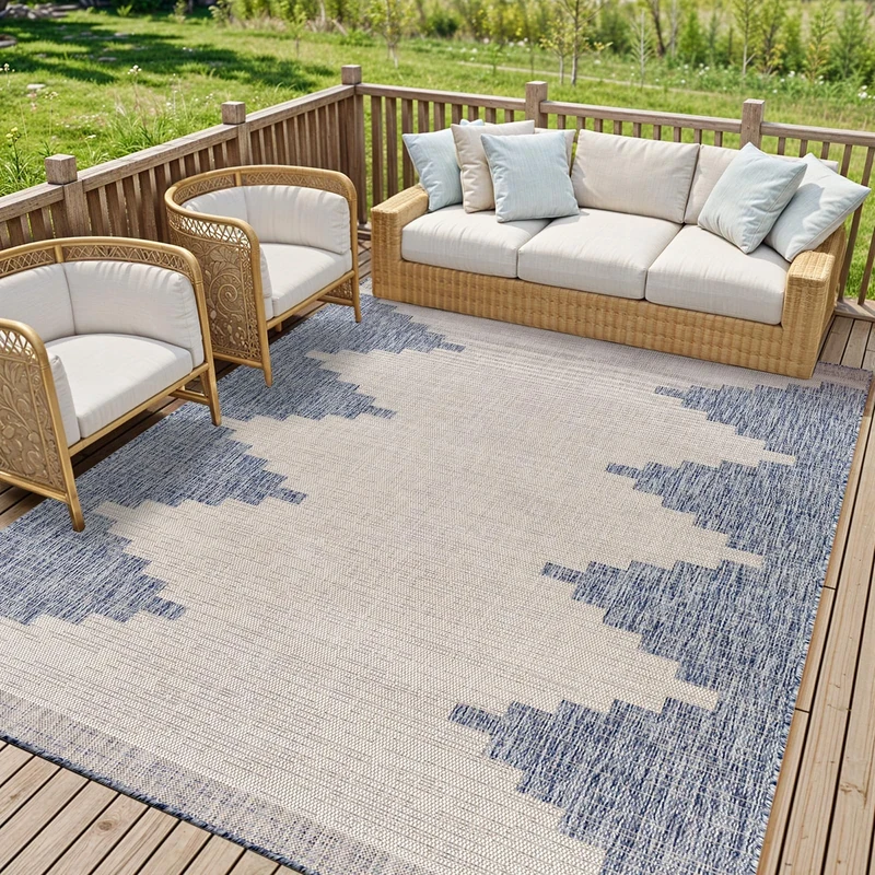 Livabliss Lagada Indoor Outdoor Rug - Large Boho Rugs for Living Room 200x275 cm Dining, Kitchen Carpet, Patterned Neutral and Coloured Rugs, Waterproof, Stain Durable - Navy, Cream, Grey
