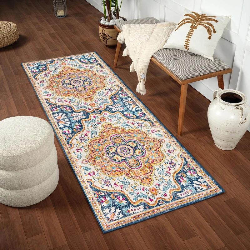 Livabliss Willow Jijel Vintage Runner 80x220 cm – Traditional Boho Pattern for Hallway & Kitchen, Easy Care, Orange, Mustard, Navy, Fuchsia & Beige