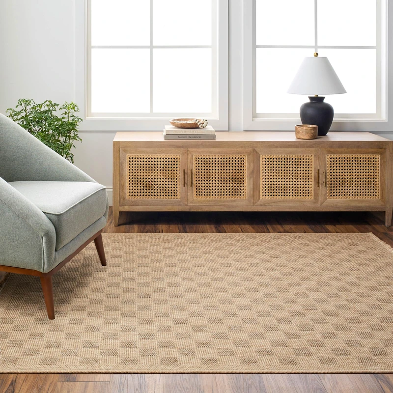 Livabliss Tori Ortaca Indoor Outdoor Floor Covering 160x213 cm – Boho Pattern for Living Room, Dining & Kitchen, Waterproof & Stain-Resistant, Tan & Dark Brown - Image 1