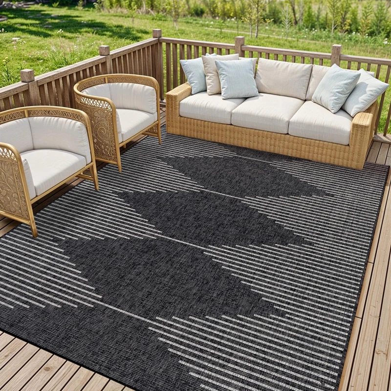 Livabliss Sevilla Indoor Outdoor Rug - Large Boho Rugs for Living Room 200x275 cm Dining, Kitchen Carpet, Patterned Neutral and Coloured Rugs, Waterproof, Stain Durable - Black and Grey