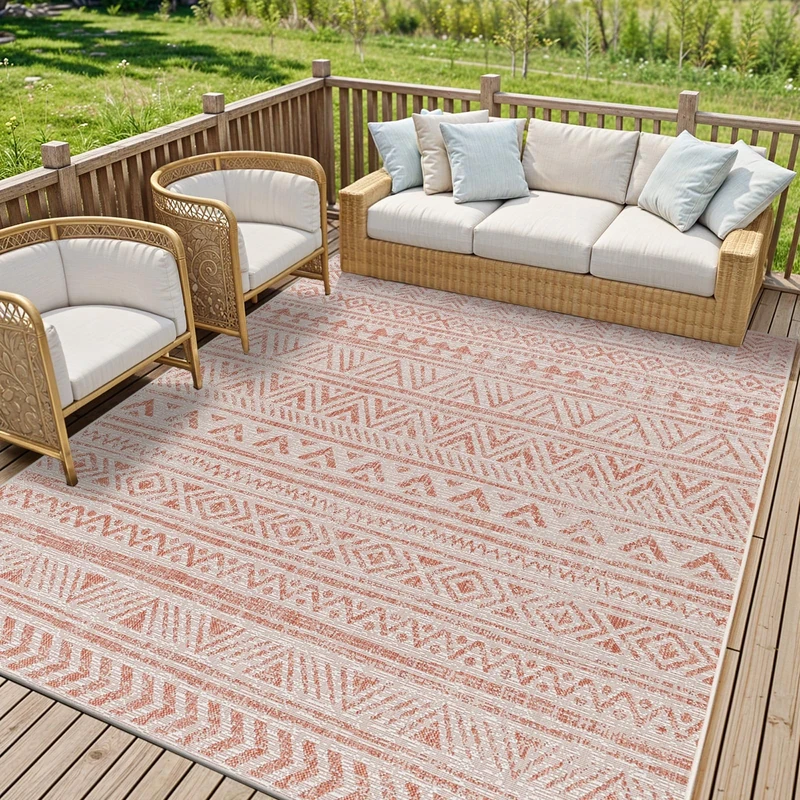Livabliss Alora Indoor Outdoor Rug - Large Boho Rugs for Living Room 200x275 cm Dining, Kitchen Carpet, Patterned Neutral and Coloured Rugs, Waterproof, Stain Durable - Coral, Ivory, Pink