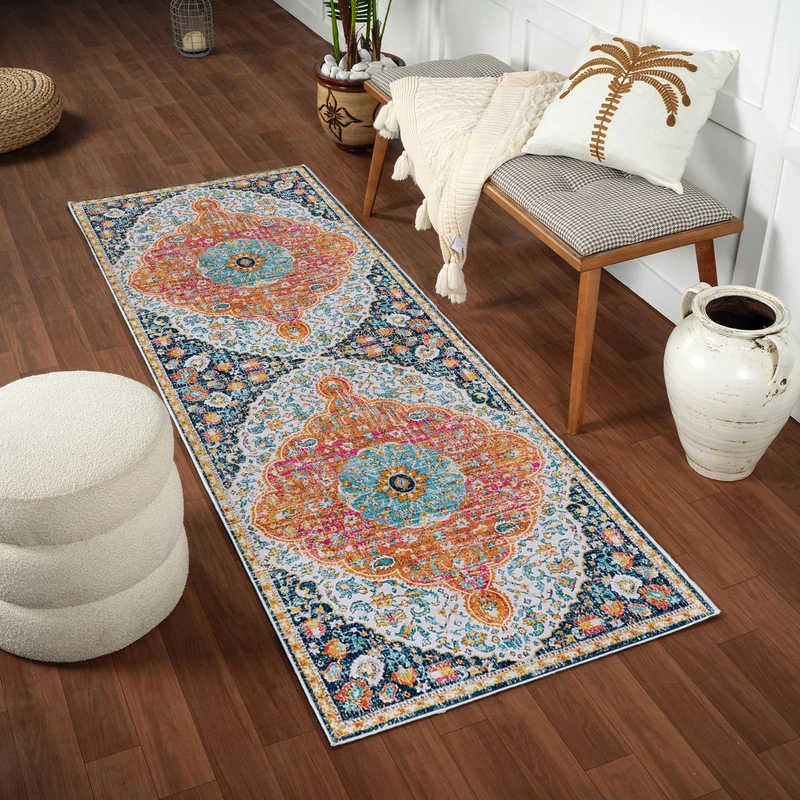 Livabliss Wren AfLou Vintage Runner Design – Hallway Living Room 80x220 cm, Kitchen Use, Traditional Multicolour Boho Style, Easy Care, Orange Navy Aqua Blue - Image 1