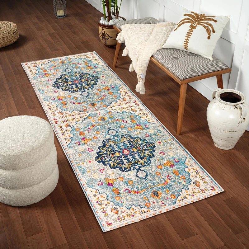Livabliss Chinu Erfoud Vintage Runner 80x220 cm – Traditional Boho Pattern for Hallway & Kitchen Area, Easy Care, Light Blue, Orange, Navy & Beige