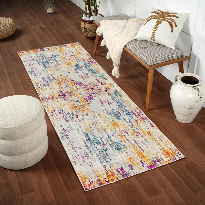 Livabliss Chinu Annaba Abstract Runner 80x220 cm – Modern Marble Design for Hallway & Living Room, Soft Luxurious Medium Pile, Easy Care Floor Covering, Beige Fuchsia Mustard Blue