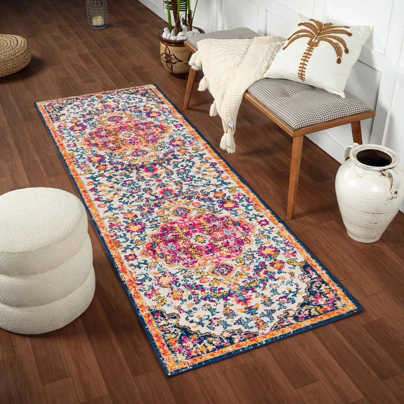 Livabliss Erfoud Vintage Rug - Runner Rugs Living Room 80x220 cm, Hallway, Kitchen Area - Traditional Multicoloured Boho Style, Easy Care - Bohemian Large Rug, Orange, Fuchsia, Navy, Beige
