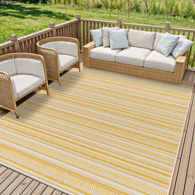 Livabliss Ibiza Indoor Outdoor Rug - Large Boho Rugs for Living Room 200x275 cm Dining, Kitchen Carpet, Patterned Neutral and Coloured Rugs, Waterproof, Stain Durable - Mustard and Ivory