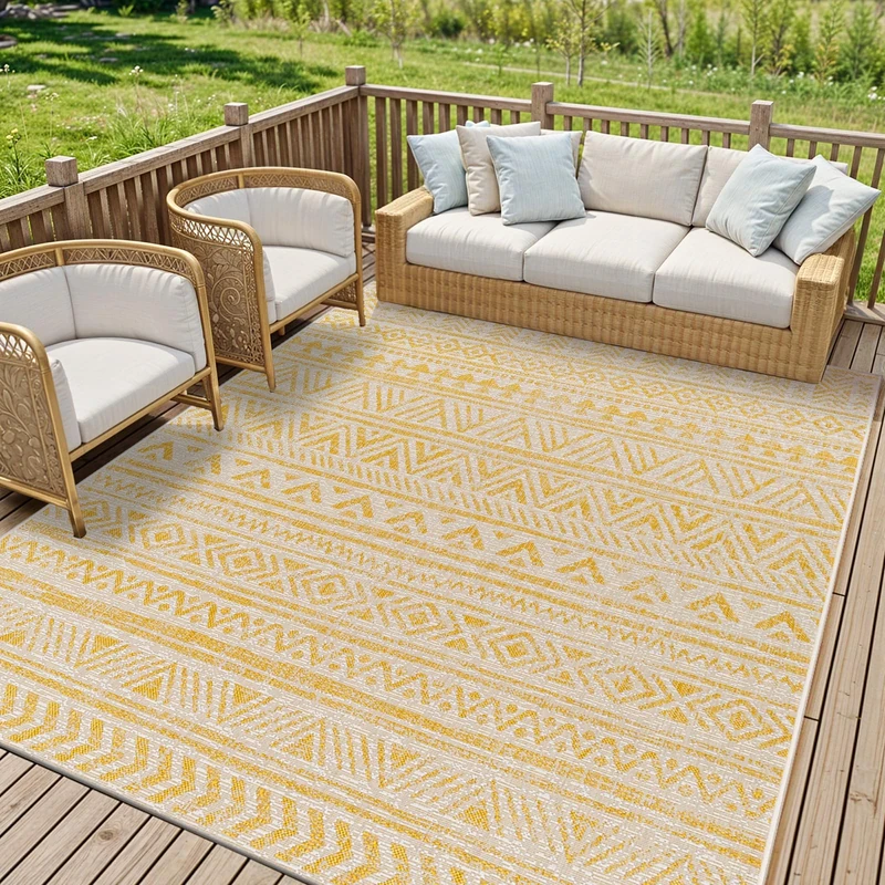 Livabliss Alora Indoor Outdoor Rug - Large Boho Rugs for Living Room 200x275 cm Dining, Kitchen Carpet, Patterned Neutral and Coloured Rugs, Waterproof, Stain Durable - Mustard and Ivory