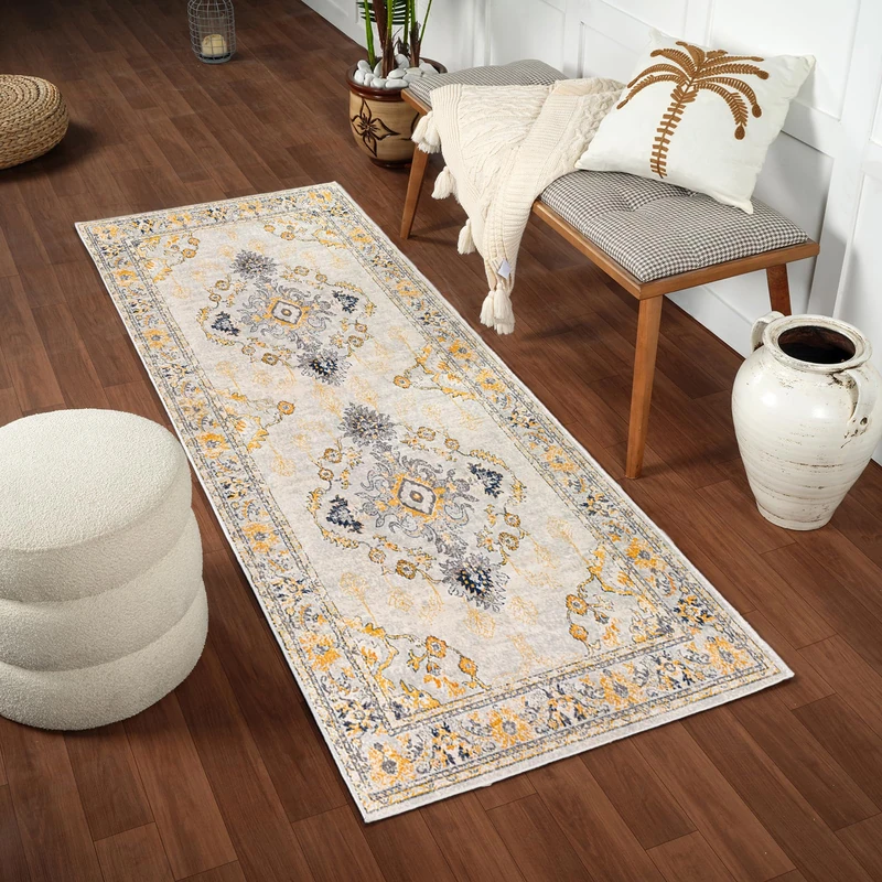 Livabliss Palma Vintage Rug - Hallway Runner Rugs Living Room 80x220 cm - Scandi Neutral Rug, Traditional Patterned Boho Style, Natural Easy Care Pile - Hallway Runners, Beige, Mustard,Grey