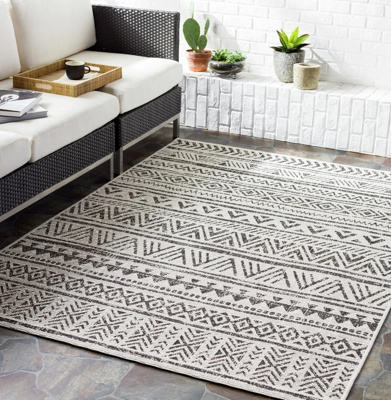 Livabliss Geometric Indoor Outdoor Rug - Large Boho Rugs for Living Room 200x275 cm Dining, Kitchen Carpet, Patterned Neutral and Coloured Rugs, Waterproof, Stain Durable - Black, Cream, Grey