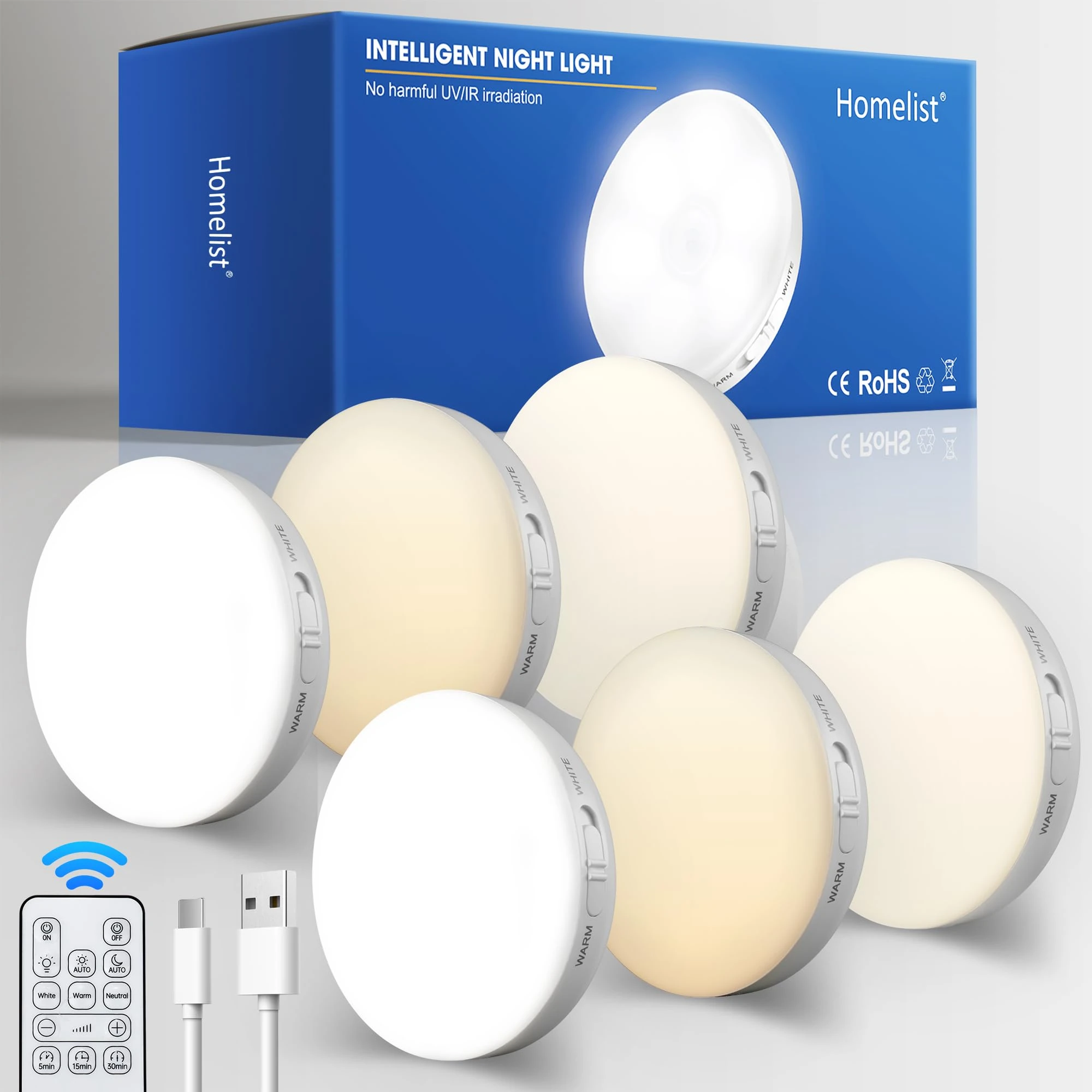 Homelist Puck Lights with Remote, 6 Pack LED Rechargeable Motion Sensor Lights Indoor Under Cabinet Lights, 3 Color Temperature Wireless Battery Operated Night Light for Stair Kitchen Wall Cupboard