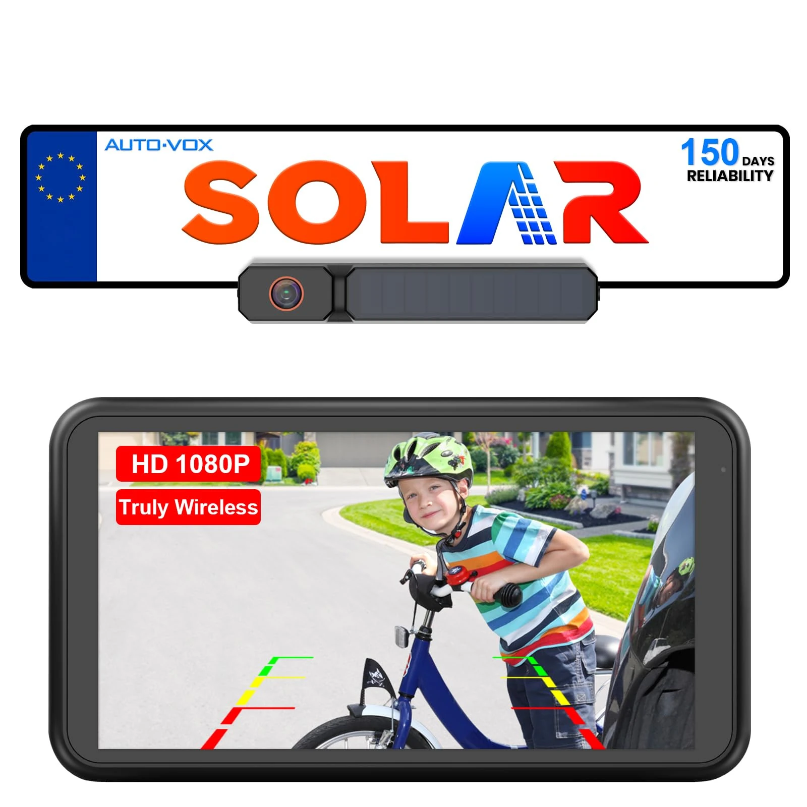 AUTO-VOX Solar Wireless Reversing Camera 5" 1080P Monitor: 5000mAh Battery 2 Mins DIY Installation & 2 Split Screen Reverse Cameras Kit, IP69K Waterproof Reversing Camera for Car Van SUV Truck Trailer