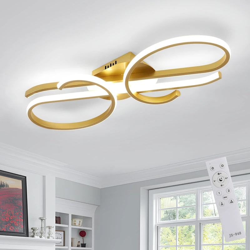 DELIPOP Gold Ceiling Light, Dimmable Ceiling Lamp with Remote Control & Memory Function, Curved Aluminium Design, LED Ceiling Lights for Living Room, Bedroom, Hallway & Kitchen - Image 1