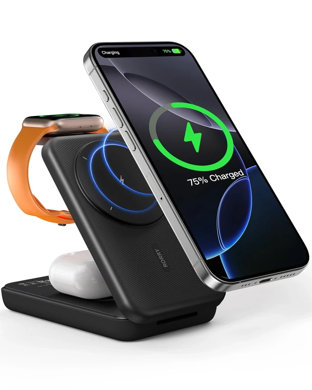 RORRY 3 in 1 Wireless Charging Station, 10000mAh Portable Powerbank for Magsafe iPhone 16/15/14/13/12, Magnetic Foldable Charger Stand for Apple Watch AirPods, PD 20W USB-C Power Bank for Samsung