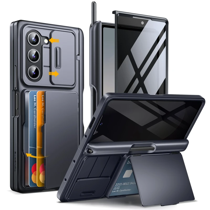 Tongate Case for Z Fold 6, [Built-in Privacy Screen Protector and Sliding Camera Cover] [Card Holder & Pen Holder] Heavy Duty Wallet Case with Protective Hinge