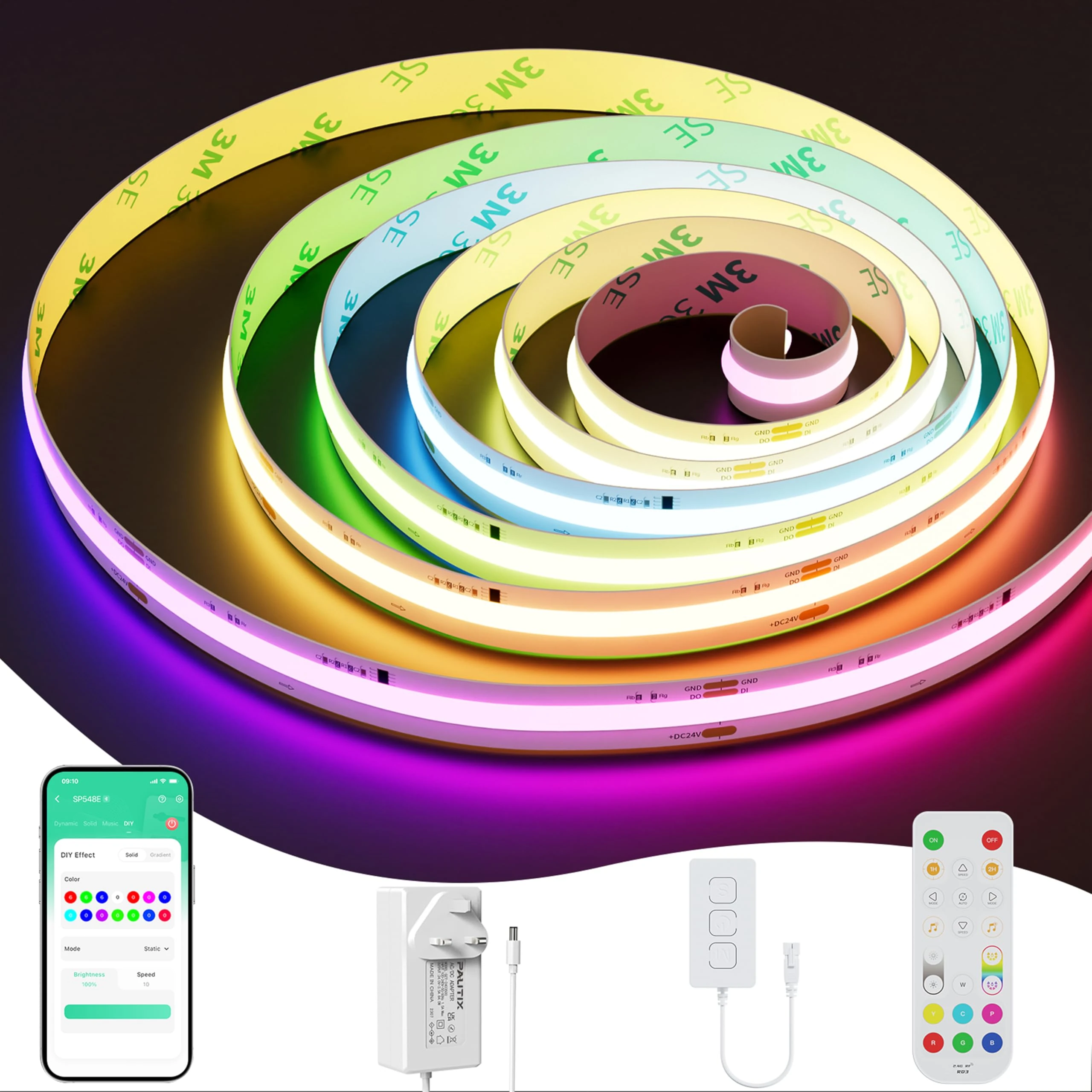 PAUTIX RGB Smart IC COB LED Strip Light WiFi Colour-Changing LED Strips 10M 6300LEDs Pixel Addressable Tape Compatible for Alexa/Google Assistant Flexible LED Lights for Cabinet Christmas Party Decor