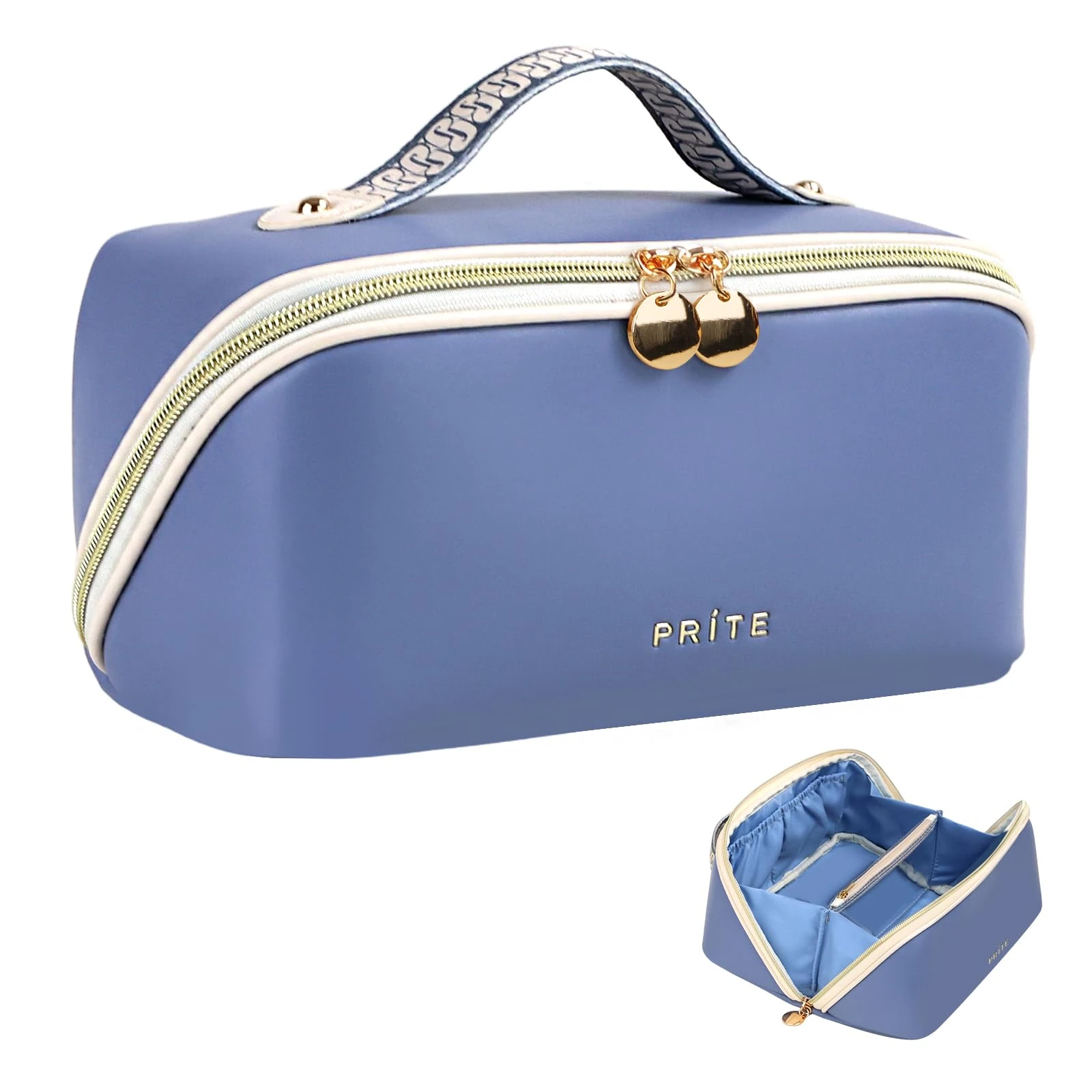 Prite Large Capacity Makeup Bag Portable Travel Cosmetic Bag Waterproof Toiletry Case with Clear Divider and Handle (Blue)