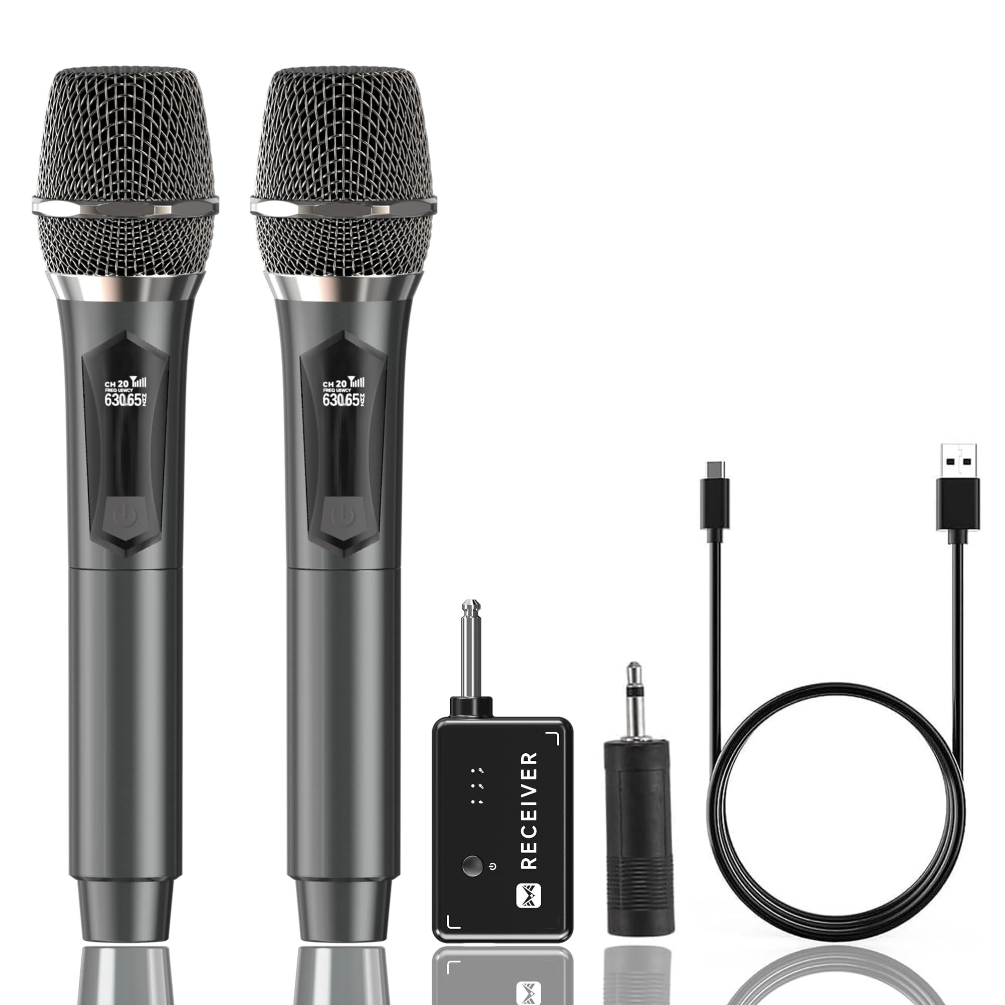 Microphone Wireless, Dual Handheld Cordless Microphone System with Rechargeable Receiver, 50H Duration, 200ft Range, Karaoke Microphones for Singing, Wedding, DJ, Party, Speech, YouTube (Grey)
