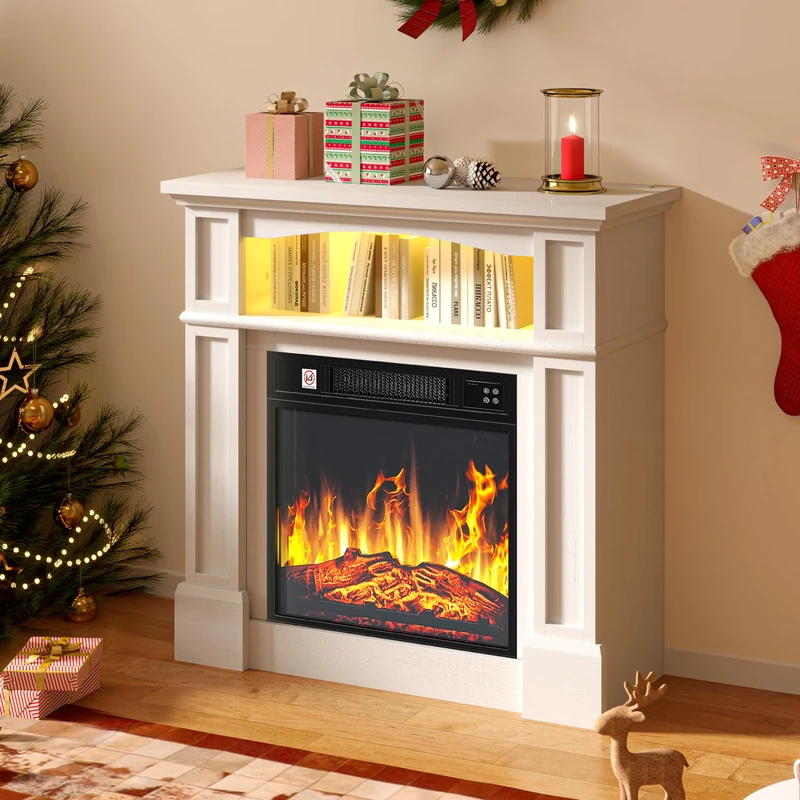 DWVO Electric Fireplace Suite 32" and Realistic Flame Effect Fire, Electric Fire and Surround Reach up to 30㎡ Space, White Electric Fire with Programmable Timer and LED Light Strip,80.5x30.5x80.5CM