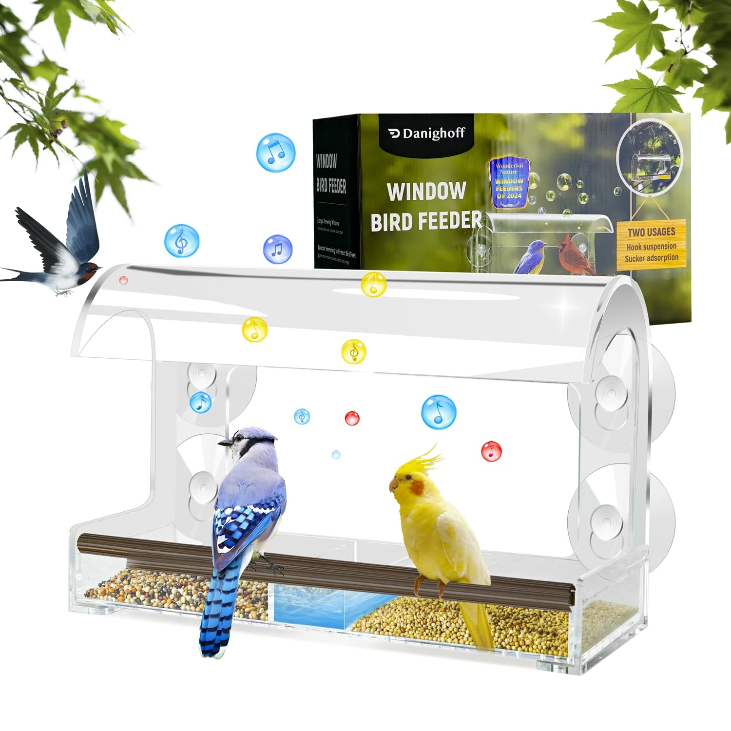 Acrylic Window Hanging Bird Feeder with Strong Suction Cups, Upgraded Clear Design for Outdoor Bird Watching in Garden or Yard (Clear)
