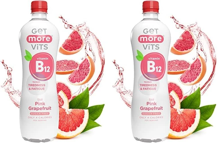 Get More Vits - B12 Vitamins Still Pink Grapefruit Flavoured Spring Water (12 x 500ml), Supports Energy Release, Tackle Tiredness & Fatigue, Natural Flavours, Sugar Free, Low Calorie, Vegan