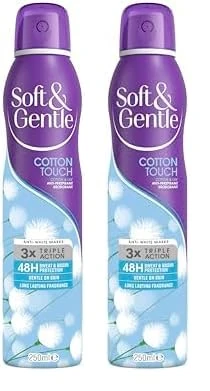 SOFT & GENTLE Cotton Touch Anti-Perspirant Deodorant Spray, 250 ml, 48h Sweat & Odour Protection Aerosol, Alcohol Free Gentle on Skin, Floral Scent, Long-Lasting Fragrance, No White Marks (Pack of 2)