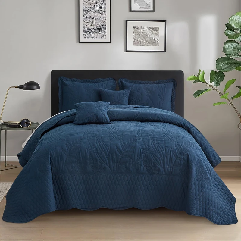 Bedspread oversized Full 96x110，Beautiful Leaf Stitching，5 PC, Navy