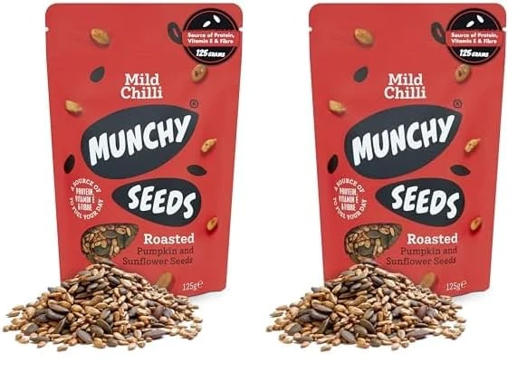 MUNCHY SEEDS Mild Chilli Sunflower, Pumpkin, Protein Snack, Seed Mix for Eating, Plant-Based Source of Protein, Fibre & Vitamin E, Mildly Spicy Flavour, Vegan Snacks for Kids & Adults - 125g