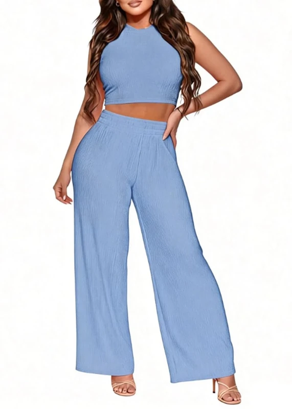 MOEENCN Women's 2 Piece Outfit Casual Lounge Set Comfy Rid Knit Crop Top and Flare High Waisted Pants Sweatsuit Tracksuit, Lounge Set-skyblue, M