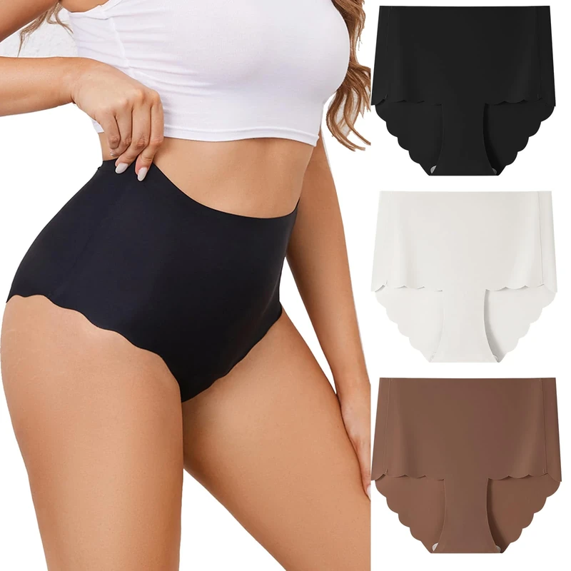 Anntry Seamless Underwear for Women No Show High Waisted Knickers Tagless Wave Edge Full Coverage Ladies Panties 3 Pack