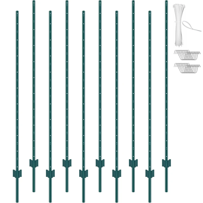 VEVOR 6 Feet Fence Post, 10 Pack U-Channel Heavy Duty Metal Fence Posts, Sturdy Steel Fence Stakes for Garden Yard, Lawn, Farms and Outdoor Wire Fencing, Green