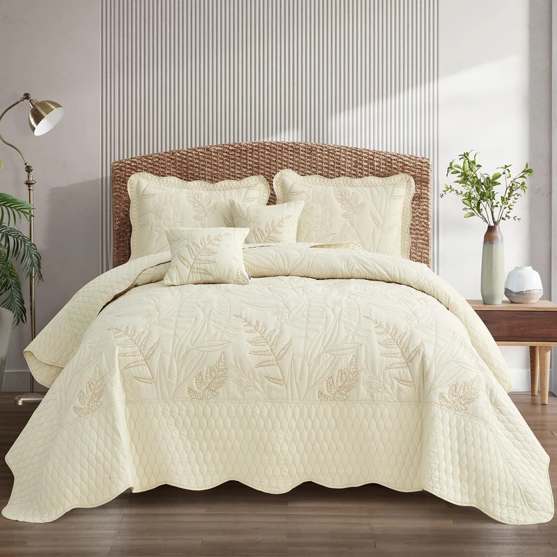 Bedspread oversized Full 96x110，Beautiful Leaf Stitching,5 PC,Ivory