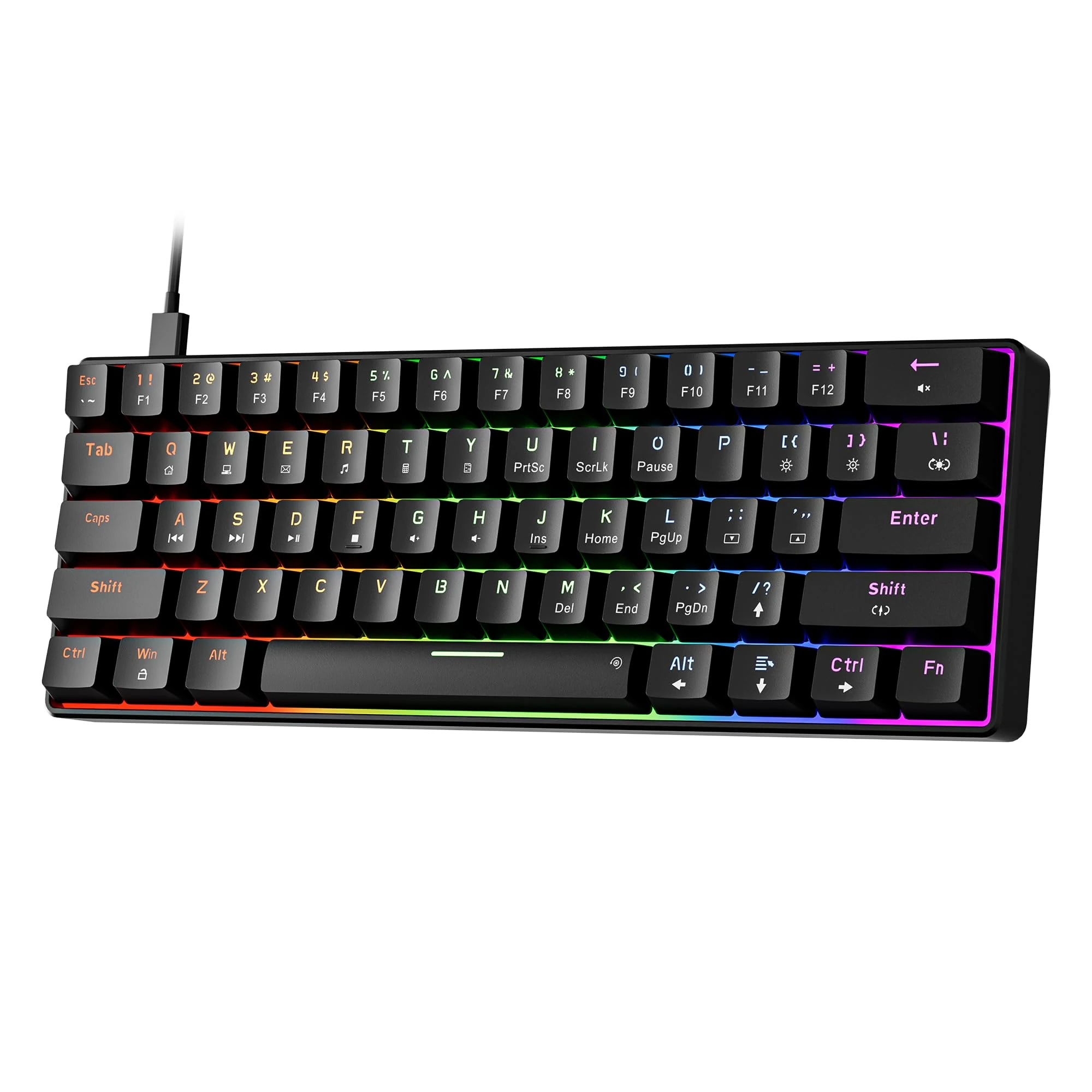 NEWMEN GM611 Gaming Keyboard,60% Percent Mechanical Keyboard 61 Keys LED Backlit Anti-Ghosting Black Keycaps Wired Gaming Keyboard Qwerty for PC, Windows, Gamer, Office, Typists（Red Switches）