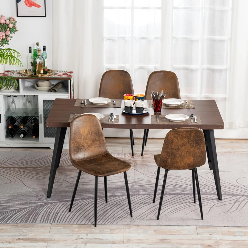 FurnitureR Mid-Century Kitchen Dining Room Chairs and Table 5-Piece Set, 150 cm Rectangular Dark Brown Effect Top Dining Table with 4 Suede Brown Kitchen Dining Room Chairs