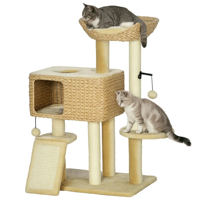 PawHut Cat Scratching Post 98 cm Cat Tree with 2 Lean Surfaces, Scratching Posts, Climbing Tree, Play Ball, Cat Furniture with Cat Cave for Cats up to 6 kg, Sisal, Water Hyacinth, Beige