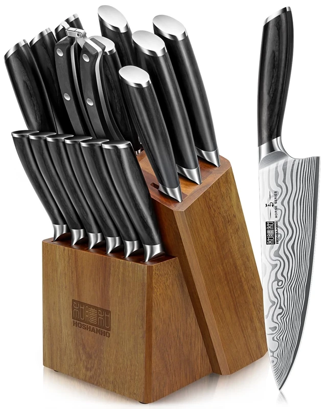 HOSHANHO 16-Piece Knife Set with Block, Ultra Sharp High Carbon Stainless Steel Knife Block Set, Chef Knife Set Professional Kitchen Knives Set with Sharpener and Pakkawood Handle