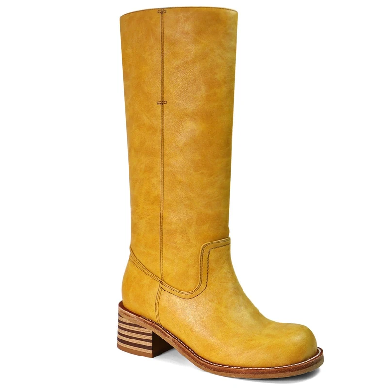 UBWDU Women's Knee High Boots Chunky Block Heel Long Boots Square Toe Low Heel Boots for Women, Yellow, 7 UK