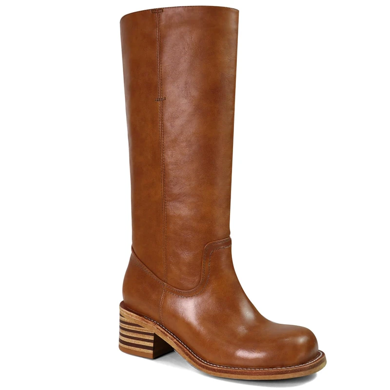 UBWDU Women's Knee High Boots Chunky Block Heel Long Boots Square Toe Low Heel Boots for Women, Saddle, 6 UK - Image 1