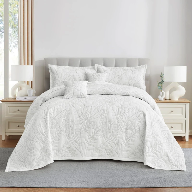 HZ & HY Oversized King Bedspread, Botanical, White/Taupe